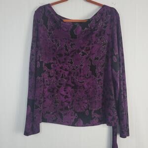 Vintage Y2K Floral Long Sleeve Cowl Neck Top siez XL purple black whimsigoth USA